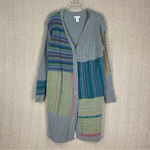 Sundance Cardigan L Womens Gray Lambswool Fair Isle Knit Long Duster Cableknit